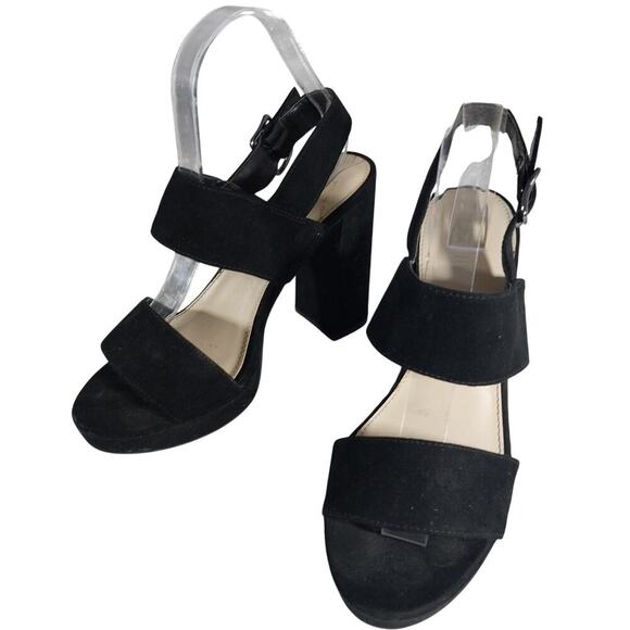 BAR III! BLACK VEGAN SUEDE MICROFIBER CHUNKY HEEL STRAP & BUCKLE SANDALS! SZ 7M - Picture 3 of 11